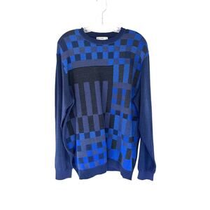 Vintage Men's Grandpacore Academia Blue Wool Knit Crewneck Sweater Size XL